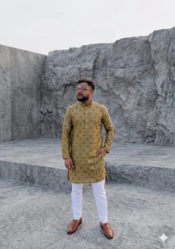 NEW ARRIVAL JACQUARD DIGITAL PRINT  WORK MEN'S KURTA PAYJAMA CHIKU