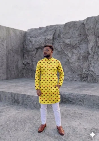 NEW ARRIVAL JACQUARD DIGITAL PRINT  WORK MEN'S KURTA PAYJAMA YELLOW