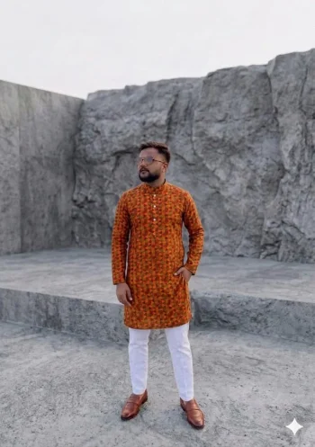 NEW ARRIVAL JACQUARD DIGITAL PRINT  WORK MEN'S KURTA PAYJAMA ORANGE