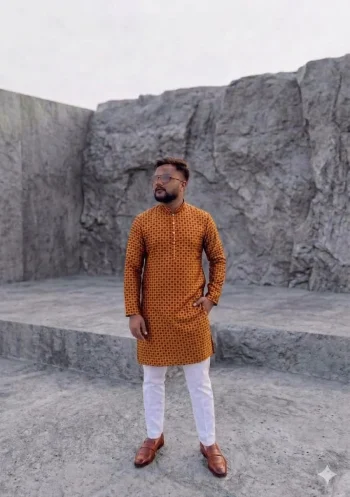 NEW ARRIVAL JACQUARD DIGITAL PRINT  WORK MEN'S KURTA PAYJAMA ORANGE