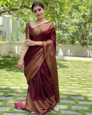 NEW ARRIVAL LICHI SILK BANARASI WEAVING WORK SAREE WITH UNSTITCHED BLOUSE MAROON
