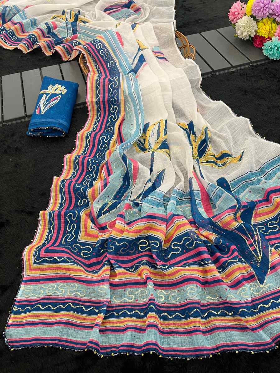 NEW ARRIVAL LINEN COTTON SILK DIGITAL PRINT AND KHATLI AND FOIL WORK WITH STONE ATTACHED SAREE WITH UNSTITCHED BLOUSE FESTIVE WEAR WHOLESALE PRICE ETHNIC GARMENT (5)
