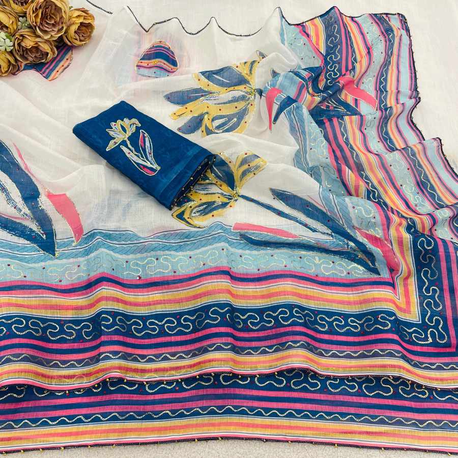NEW ARRIVAL LINEN COTTON SILK DIGITAL PRINT AND KHATLI AND FOIL WORK WITH STONE ATTACHED SAREE WITH UNSTITCHED BLOUSE FESTIVE WEAR WHOLESALE PRICE ETHNIC GARMENT (6)