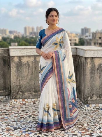 NEW ARRIVAL LINEN COTTON SILK DIGITAL PRINT AND KHATLI AND FOIL WORK WITH STONE ATTACHED SAREE WITH UNSTITCHED BLOUSE OFF WHITE AND BLUE