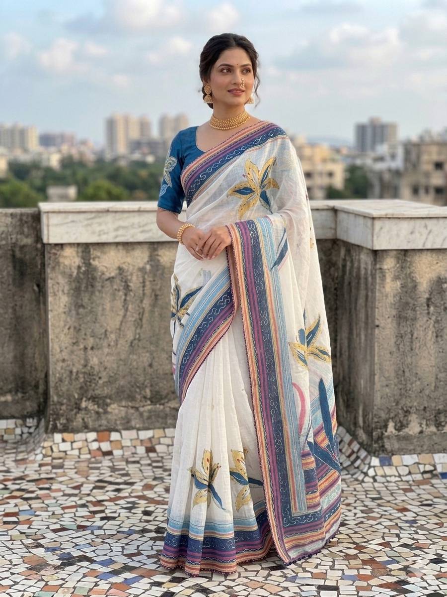 NEW ARRIVAL LINEN COTTON SILK DIGITAL PRINT AND KHATLI AND FOIL WORK WITH STONE ATTACHED SAREE WITH UNSTITCHED BLOUSE FESTIVE WEAR WHOLESALE PRICE ETHNIC GARMENT (7)