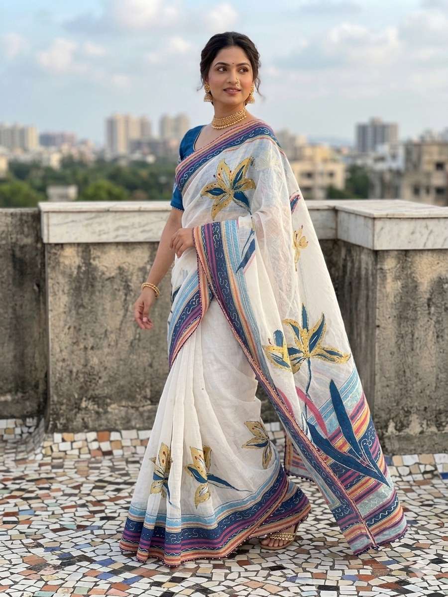 NEW ARRIVAL LINEN COTTON SILK DIGITAL PRINT AND KHATLI AND FOIL WORK WITH STONE ATTACHED SAREE WITH UNSTITCHED BLOUSE FESTIVE WEAR WHOLESALE PRICE ETHNIC GARMENT (8)