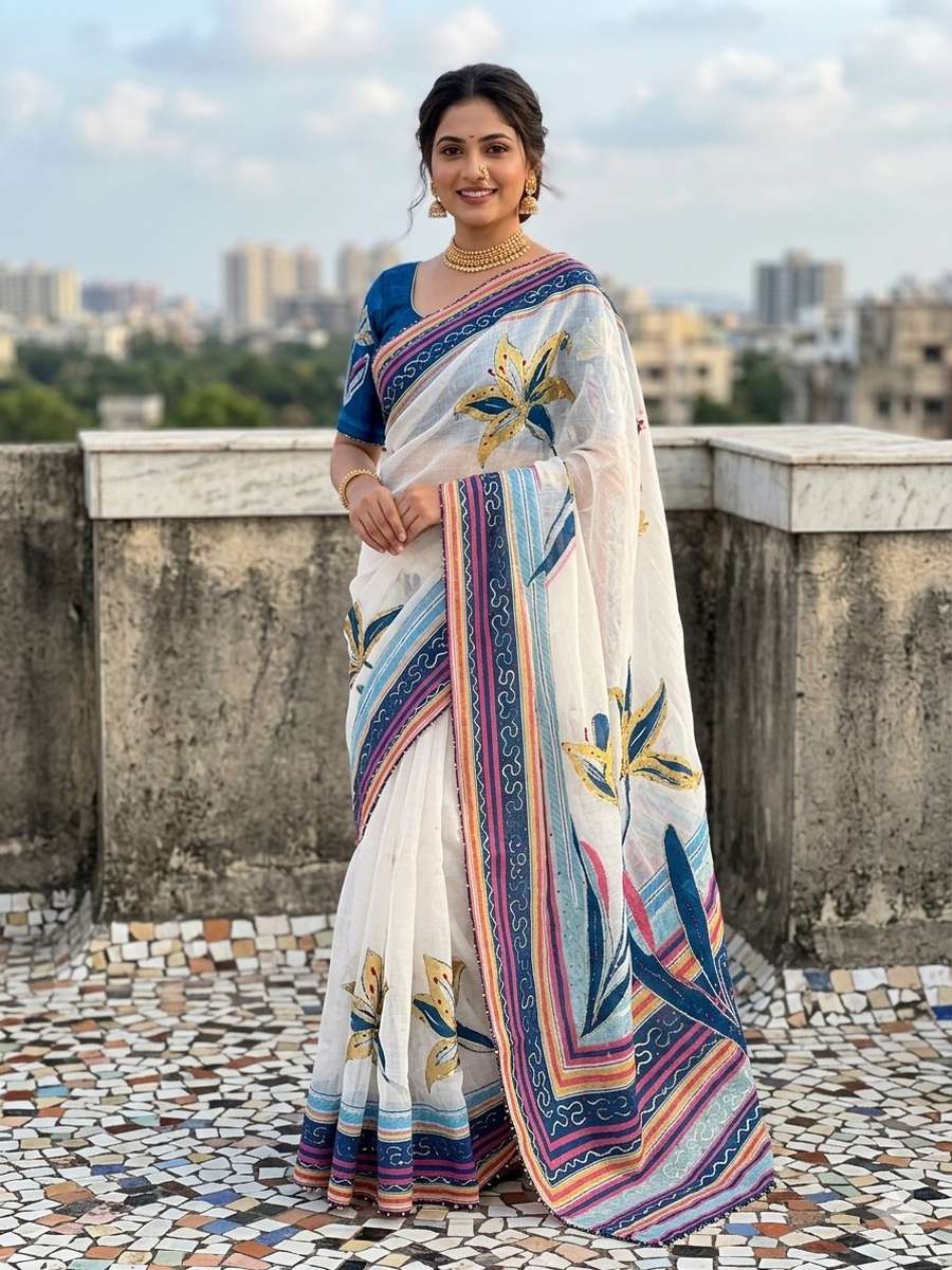 NEW ARRIVAL LINEN COTTON SILK DIGITAL PRINT AND KHATLI AND FOIL WORK WITH STONE ATTACHED SAREE WITH UNSTITCHED BLOUSE FESTIVE WEAR WHOLESALE PRICE ETHNIC GARMENT (9)