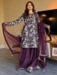 NEW ARRIVAL MUSLIN COTTON SEQUENCE & ZARI & THREAD EMBROIDERY WITH DIGITAL PRINT  WORK TOP PALAZZO WITH DUPATTA WINE