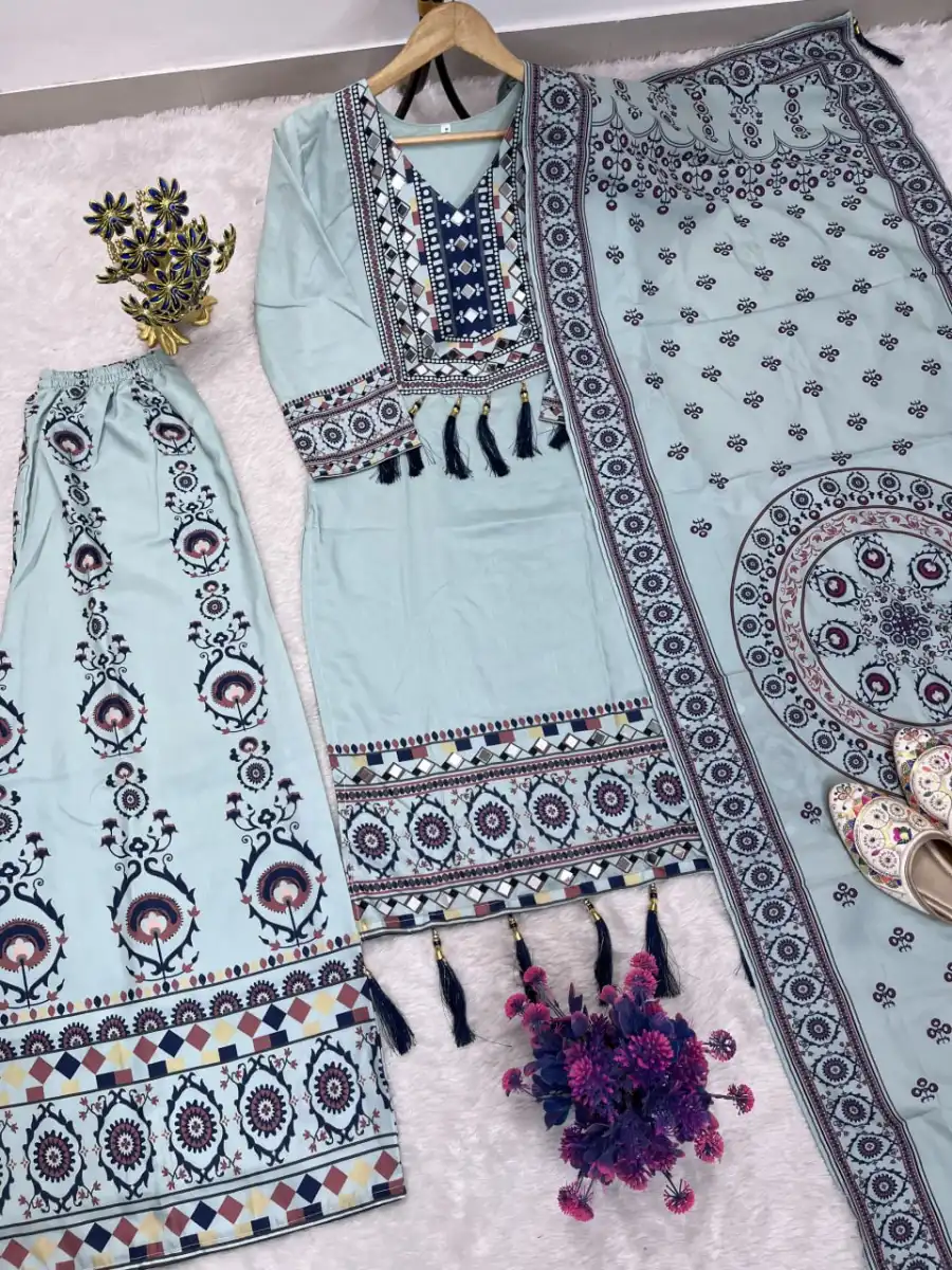 NEW ARRIVAL MUSLIN DIGITAL PRINT WITH LATKAN AND REAL MIRROR WORK TOP PALAZZO WITH DUPATTA DAILY WEAR WHOLESALE PRICE ETHNIC GARMENT (22)