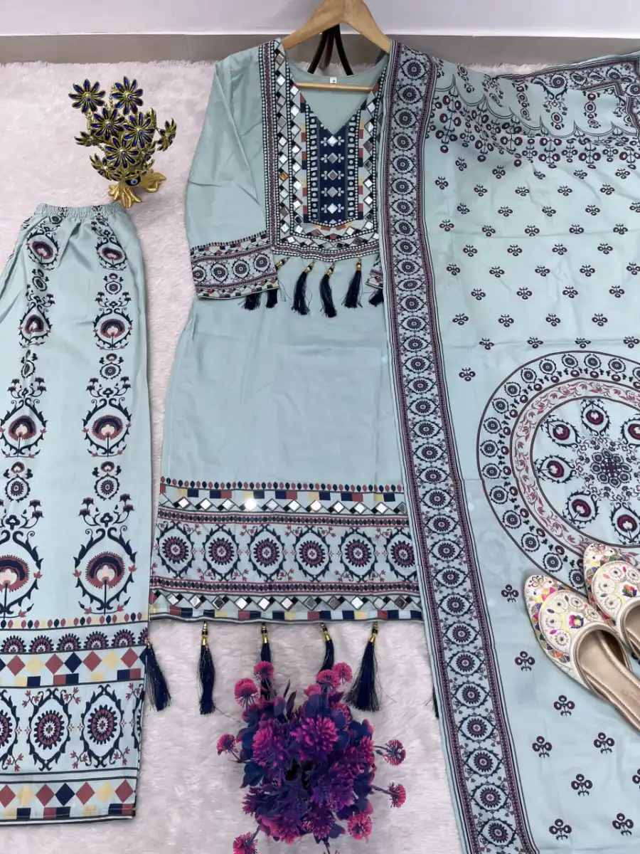 NEW ARRIVAL MUSLIN DIGITAL PRINT WITH LATKAN AND REAL MIRROR WORK TOP PALAZZO WITH DUPATTA DAILY WEAR WHOLESALE PRICE ETHNIC GARMENT (23)