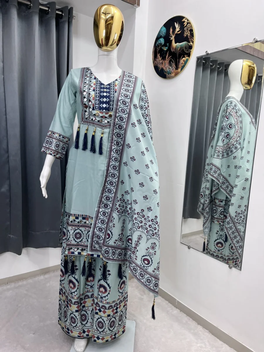NEW ARRIVAL MUSLIN DIGITAL PRINT WITH LATKAN AND REAL MIRROR WORK TOP PALAZZO WITH DUPATTA DAILY WEAR WHOLESALE PRICE ETHNIC GARMENT (24)