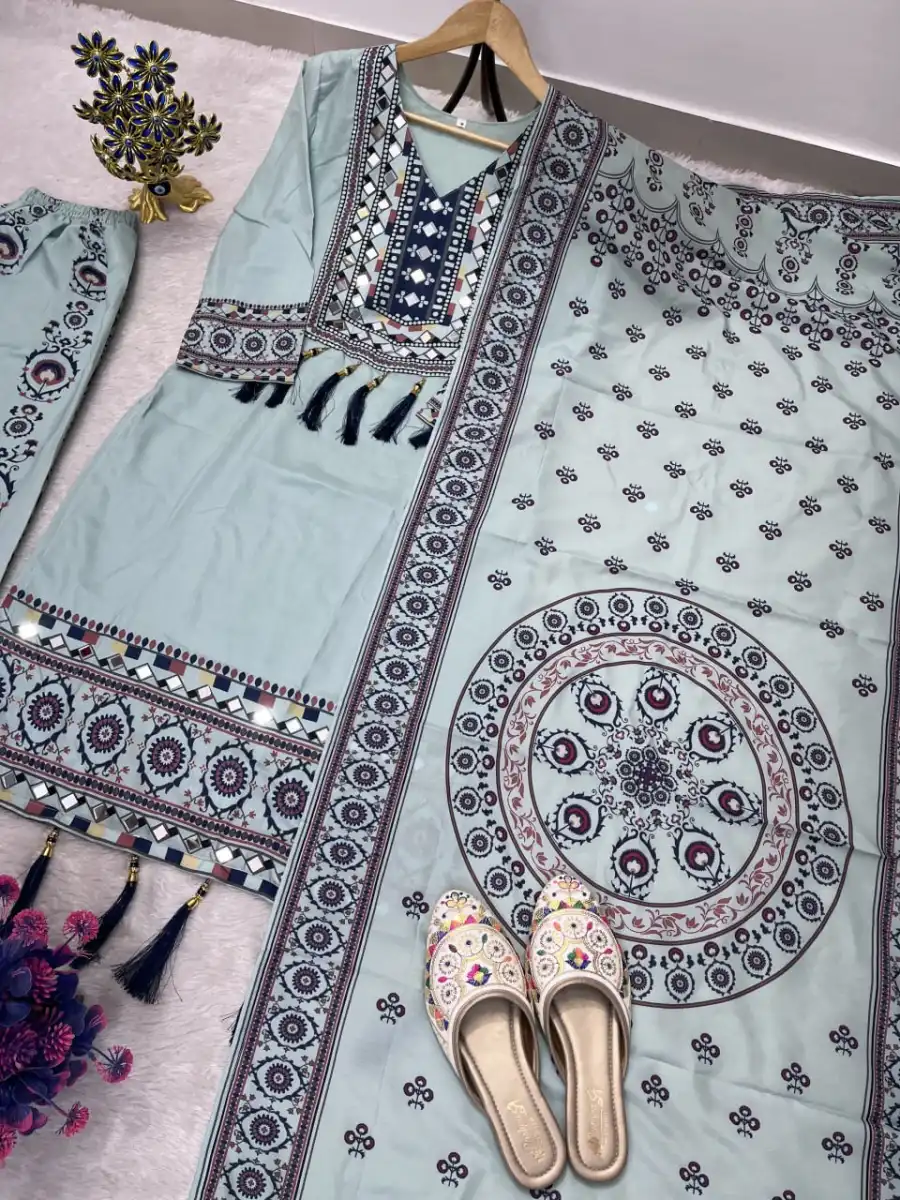 NEW ARRIVAL MUSLIN DIGITAL PRINT WITH LATKAN AND REAL MIRROR WORK TOP PALAZZO WITH DUPATTA DAILY WEAR WHOLESALE PRICE ETHNIC GARMENT (25)