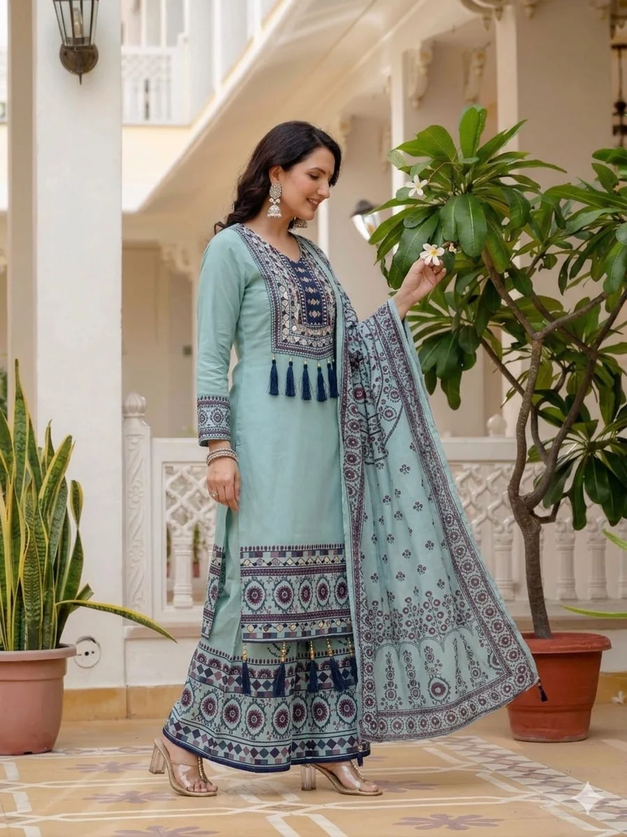 NEW ARRIVAL MUSLIN DIGITAL PRINT WITH LATKAN AND REAL MIRROR WORK TOP PALAZZO WITH DUPATTA DAILY WEAR WHOLESALE PRICE ETHNIC GARMENT (8)