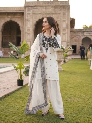 NEW ARRIVAL NATURAL CREPE THREAD WITH SEQUENCE WORK TOP PATIYALA WITH DUPATTA BLACK WHITE