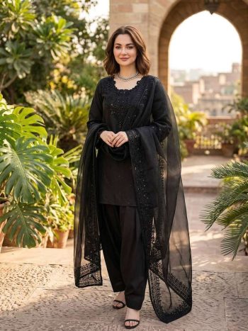 NEW ARRIVAL NATURAL CREPE THREAD WITH SEQUENCE WORK TOP PATIYALA WITH DUPATTA BLACK