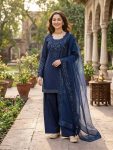 NEW ARRIVAL NATURAL CREPE THREAD WITH SEQUENCE WORK TOP PATIYALA WITH DUPATTA NAVY BLUE