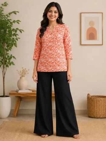 NEW ARRIVAL RAYON DIGITAL PRINT WORK TOP PALAZZO SET ORANGE AND BLACK