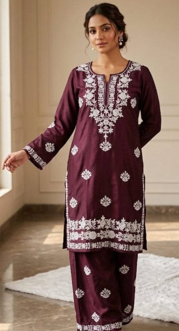 NEW ARRIVAL RAYON EMBROIDERY WORK TOPPENT SET WINE