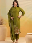NEW ARRIVAL RAYON SLUB EMBROIDERY, BUTTI  WORK TOP BOTTOM WITH DUPATTA PARROT GREEN