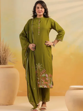 NEW ARRIVAL RAYON SLUB EMBROIDERY, BUTTI  WORK TOP BOTTOM WITH DUPATTA PARROT GREEN