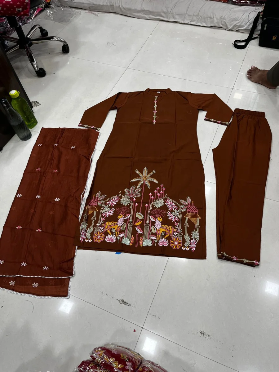 NEW ARRIVAL RAYON SLUB EMBROIDERY, BUTTI WORK TOP BOTTOM WITH DUPATTA FESTIVE WEAR WHOLESALE PRICE ETHNIC GARMENT (7)