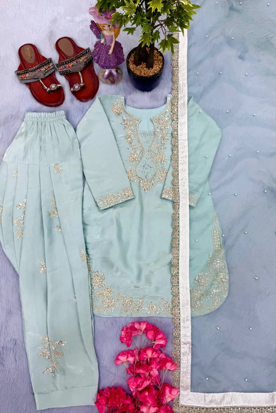 NEW ARRIVAL ROMAN GLASS SILK EMBROIDERY SEQUENCE WITH RIVET MOTI WORK KID'S TOP PATIYALA WITH DUPATTA FESTIVE WEAR WHOLESALE PRICE ETHNIC GARMENT (6)