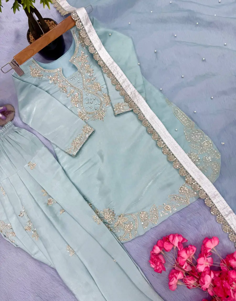 NEW ARRIVAL ROMAN GLASS SILK EMBROIDERY SEQUENCE WITH RIVET MOTI WORK KID'S TOP PATIYALA WITH DUPATTA FESTIVE WEAR WHOLESALE PRICE ETHNIC GARMENT (8)