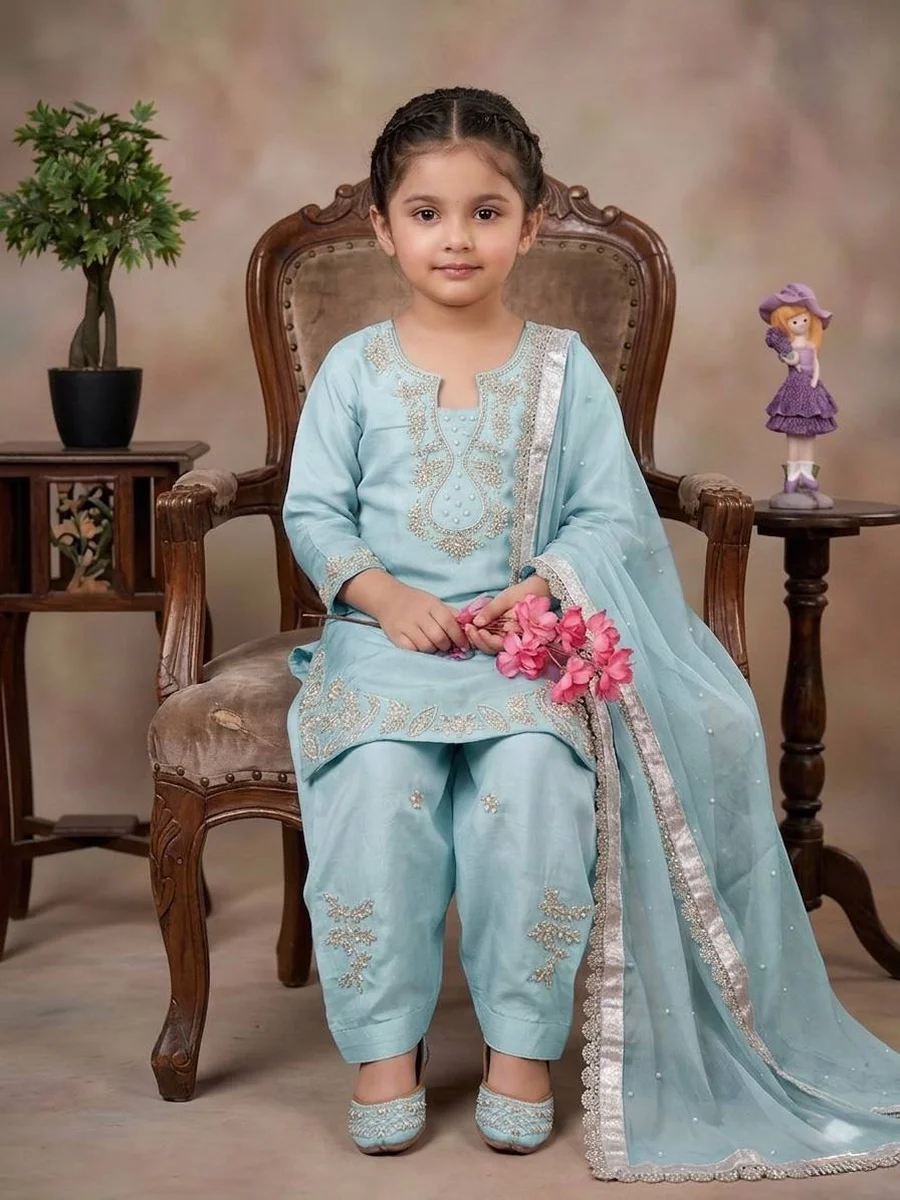 NEW ARRIVAL ROMAN GLASS SILK EMBROIDERY SEQUENCE WITH RIVET MOTI WORK KID'S TOP PATIYALA WITH DUPATTA FESTIVE WEAR WHOLESALE PRICE ETHNIC GARMENT (9)