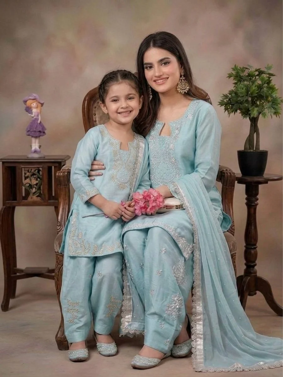NEW ARRIVAL ROMAN GLASS SILK EMBROIDERY SEQUENCE WITH RIVET MOTI WORK MOTHER DAUGHTER SET FESTIVE WEAR WHOLESALE PRICE ETHNIC GARMENT (11)
