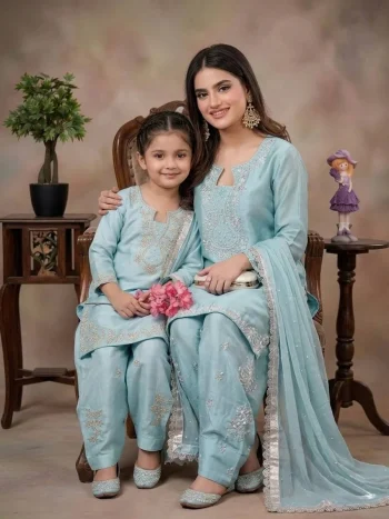 NEW ARRIVAL ROMAN GLASS SILK EMBROIDERY SEQUENCE WITH RIVET MOTI WORK MOTHER DAUGHTER SET SKY