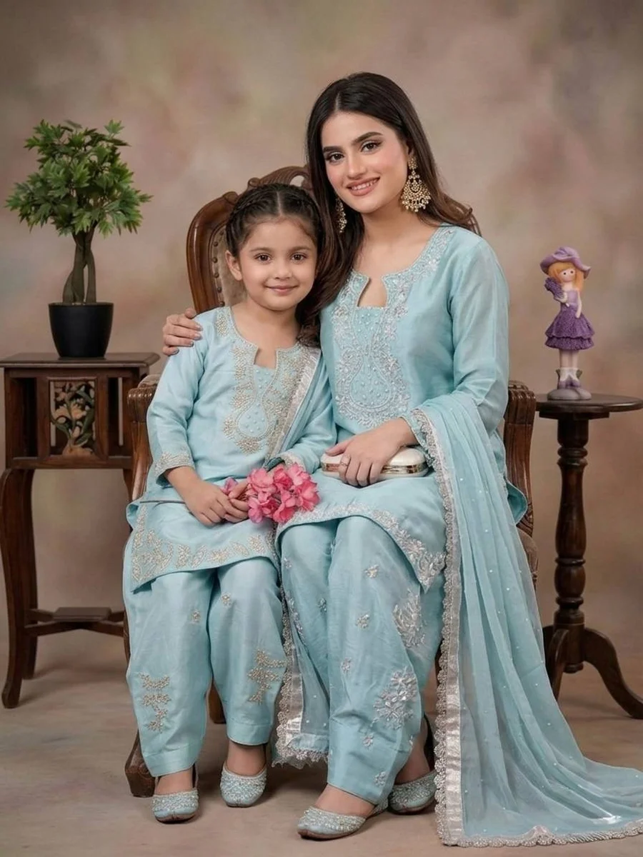 NEW ARRIVAL ROMAN GLASS SILK EMBROIDERY SEQUENCE WITH RIVET MOTI WORK MOTHER DAUGHTER SET FESTIVE WEAR WHOLESALE PRICE ETHNIC GARMENT (15)