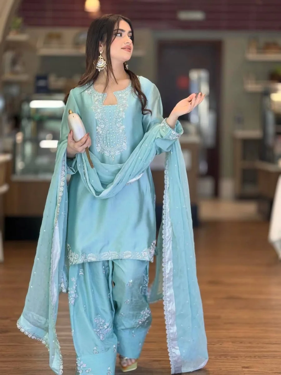 NEW ARRIVAL ROMAN GLASS SILK EMBROIDERY SEQUENCE WITH RIVET MOTI WORK MOTHER DAUGHTER SET FESTIVE WEAR WHOLESALE PRICE ETHNIC GARMENT (16)