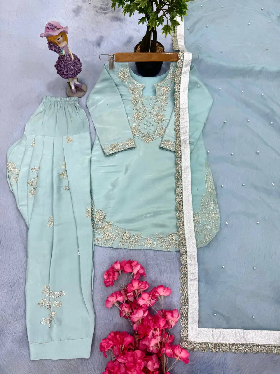 NEW ARRIVAL ROMAN GLASS SILK EMBROIDERY SEQUENCE WITH RIVET MOTI WORK MOTHER DAUGHTER SET FESTIVE WEAR WHOLESALE PRICE ETHNIC GARMENT (3)
