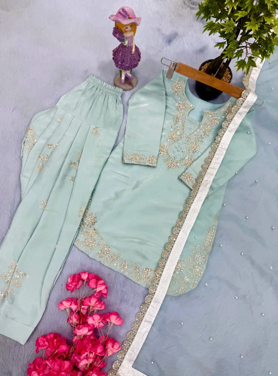 NEW ARRIVAL ROMAN GLASS SILK EMBROIDERY SEQUENCE WITH RIVET MOTI WORK MOTHER DAUGHTER SET FESTIVE WEAR WHOLESALE PRICE ETHNIC GARMENT (4)