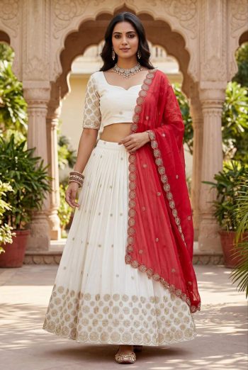 RICH LOOK CHINON EMBROIDERY PIPE VAL AND SEQUENCE WORK LEHENGA CHOLI WITH DUPATTA OFF WHITE AND RANI