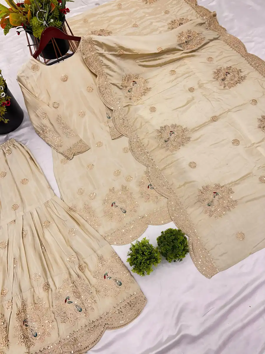 RICH LOOK CHINON SILK EMBROIDERY CODING DORI-3 MM SEQUENCE WORK TOP SHARARA WITH DUPATTA FESTIVE WEAR WHOLESALE PRICE ETHNIC GARMENT (10)