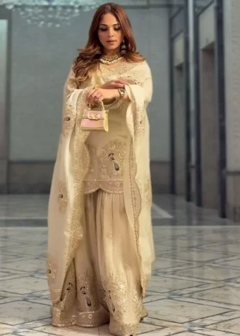 RICH LOOK CHINON SILK EMBROIDERY CODING DORI-3 MM SEQUENCE WORK TOP SHARARA WITH DUPATTA CREAM
