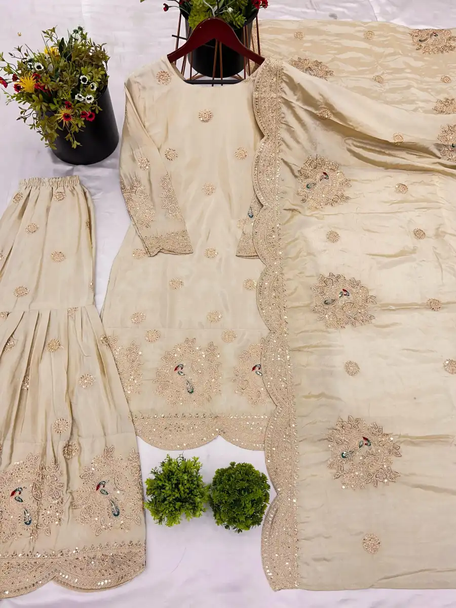 RICH LOOK CHINON SILK EMBROIDERY CODING DORI-3 MM SEQUENCE WORK TOP SHARARA WITH DUPATTA FESTIVE WEAR WHOLESALE PRICE ETHNIC GARMENT (9)