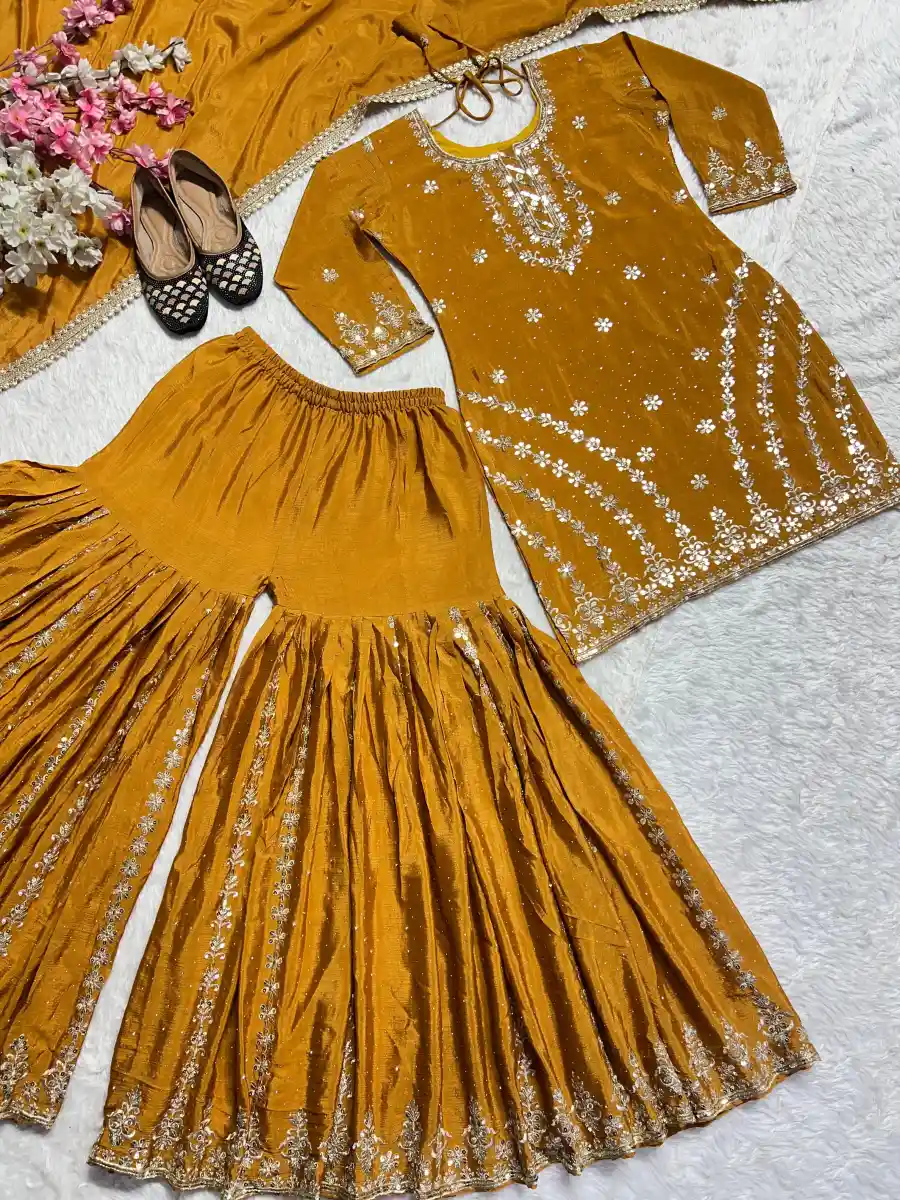 RICH LOOK CHINON SILK EMBROIDERY WITH BORDER LACE WORK TOP SHARARA WITH DUPATTA FESTIVE WEAR WHOLESALE PRICE ETHNIC GARMENT (1)