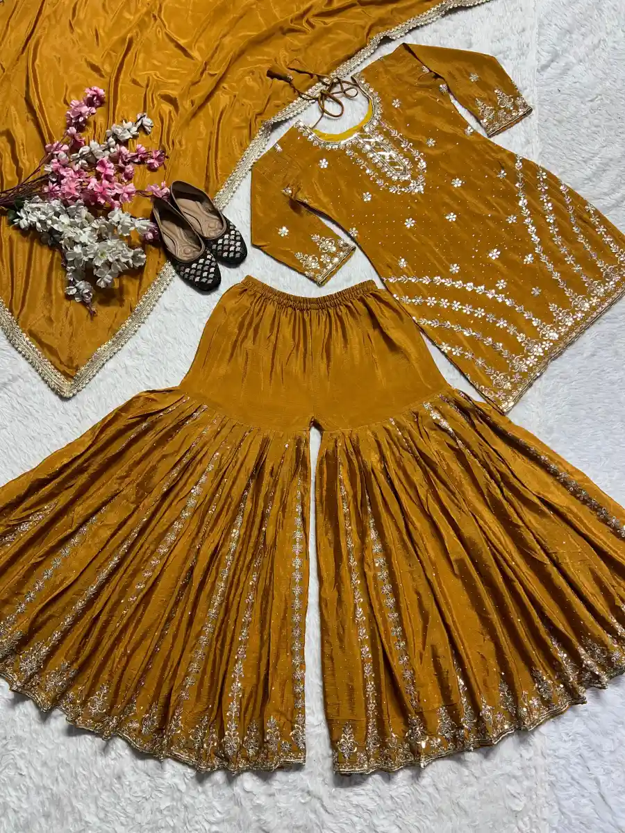RICH LOOK CHINON SILK EMBROIDERY WITH BORDER LACE WORK TOP SHARARA WITH DUPATTA FESTIVE WEAR WHOLESALE PRICE ETHNIC GARMENT (10)