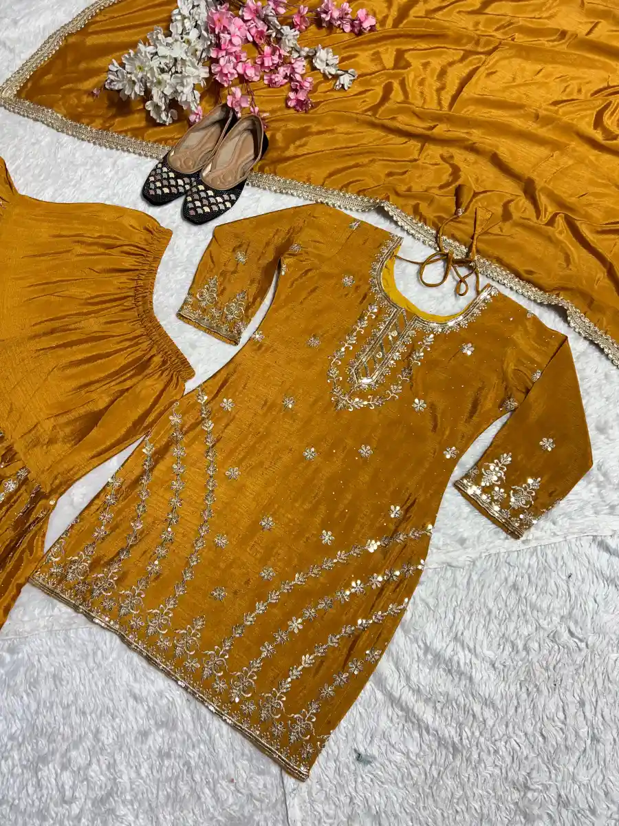 RICH LOOK CHINON SILK EMBROIDERY WITH BORDER LACE WORK TOP SHARARA WITH DUPATTA FESTIVE WEAR WHOLESALE PRICE ETHNIC GARMENT (11)