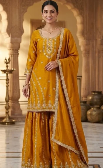 RICH LOOK CHINON SILK EMBROIDERY WITH BORDER LACE WORK TOP SHARARA WITH DUPATTA YELLOW