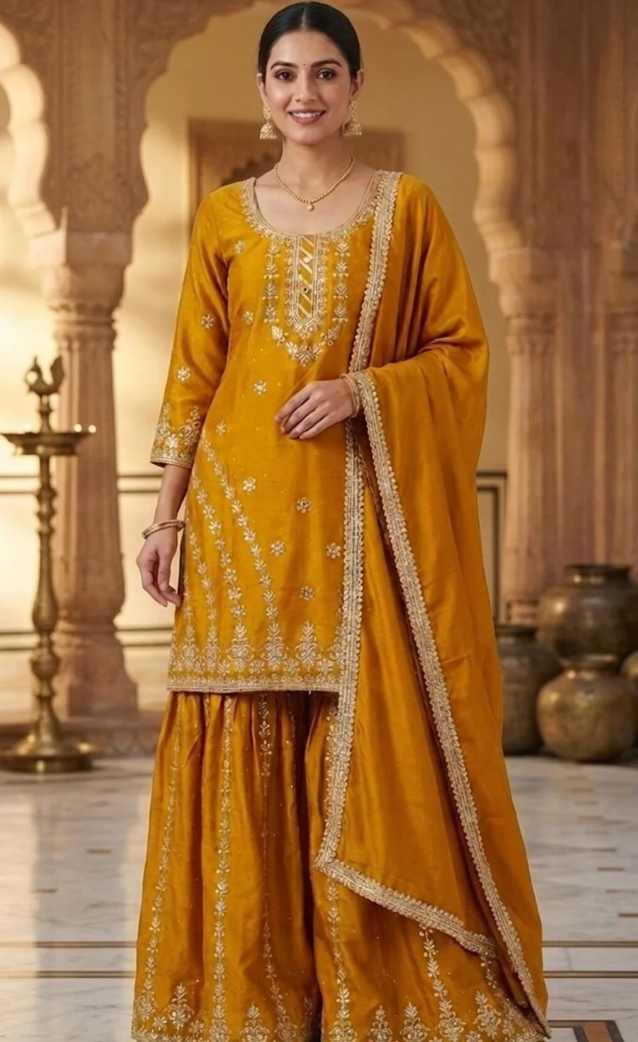 RICH LOOK CHINON SILK EMBROIDERY WITH BORDER LACE WORK TOP SHARARA WITH DUPATTA FESTIVE WEAR WHOLESALE PRICE ETHNIC GARMENT (2)