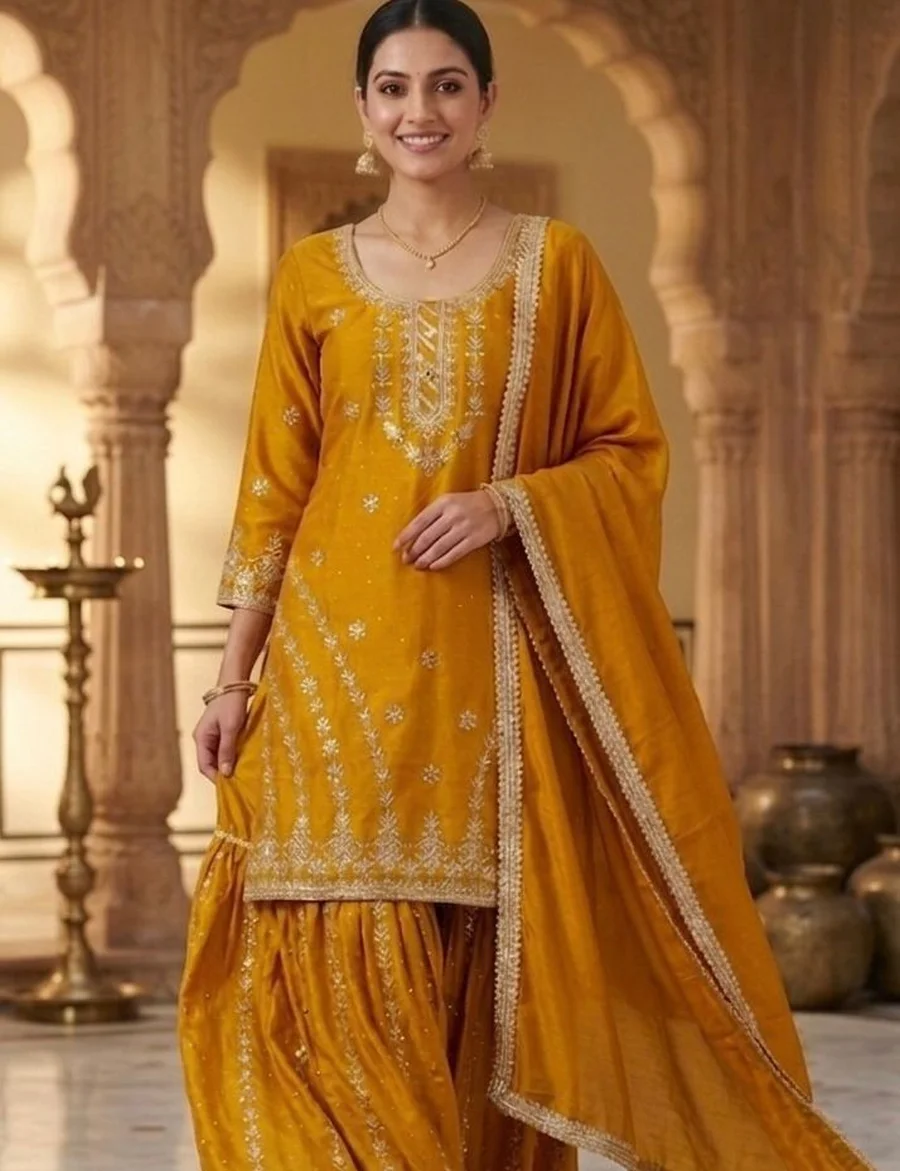 RICH LOOK CHINON SILK EMBROIDERY WITH BORDER LACE WORK TOP SHARARA WITH DUPATTA FESTIVE WEAR WHOLESALE PRICE ETHNIC GARMENT (4)