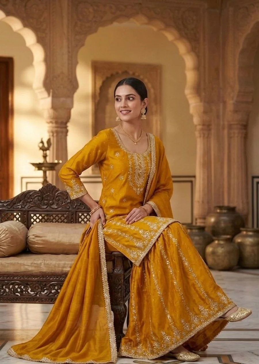RICH LOOK CHINON SILK EMBROIDERY WITH BORDER LACE WORK TOP SHARARA WITH DUPATTA FESTIVE WEAR WHOLESALE PRICE ETHNIC GARMENT (6)