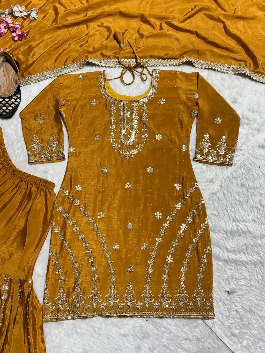 RICH LOOK CHINON SILK EMBROIDERY WITH BORDER LACE WORK TOP SHARARA WITH DUPATTA FESTIVE WEAR WHOLESALE PRICE ETHNIC GARMENT (9)