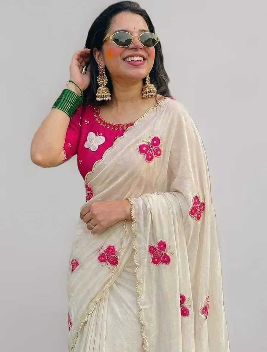RICH LOOK CHINON SILK HAND WORK SAREE WITH UNSTITCHED BLOUSE PARTY WEAR WHOLESALE PRICE ETHNIC GARMENT (2)