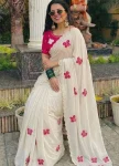 RICH LOOK CHINON SILK HAND WORK SAREE WITH UNSTITCHED BLOUSE OFF WHITE AND RANI