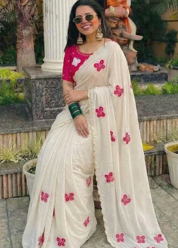 RICH LOOK CHINON SILK HAND WORK SAREE WITH UNSTITCHED BLOUSE OFF WHITE AND RANI