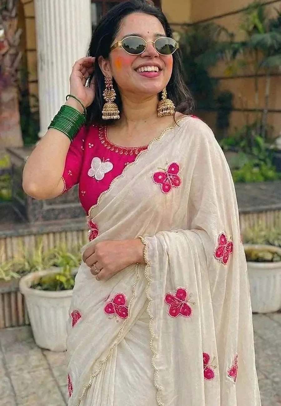 RICH LOOK CHINON SILK HAND WORK SAREE WITH UNSTITCHED BLOUSE PARTY WEAR WHOLESALE PRICE ETHNIC GARMENT (4)